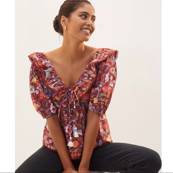 Anthropologie Tops - Maeve x Anthropologie Ruffled Tie-Front V-Neck Floral Smocked Blouse NWT Size S